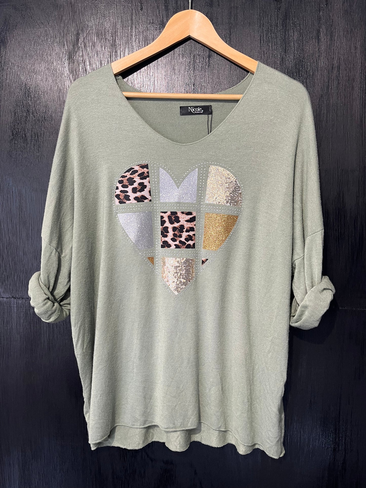soft knit V neck jumper with embellished foil heart placement print