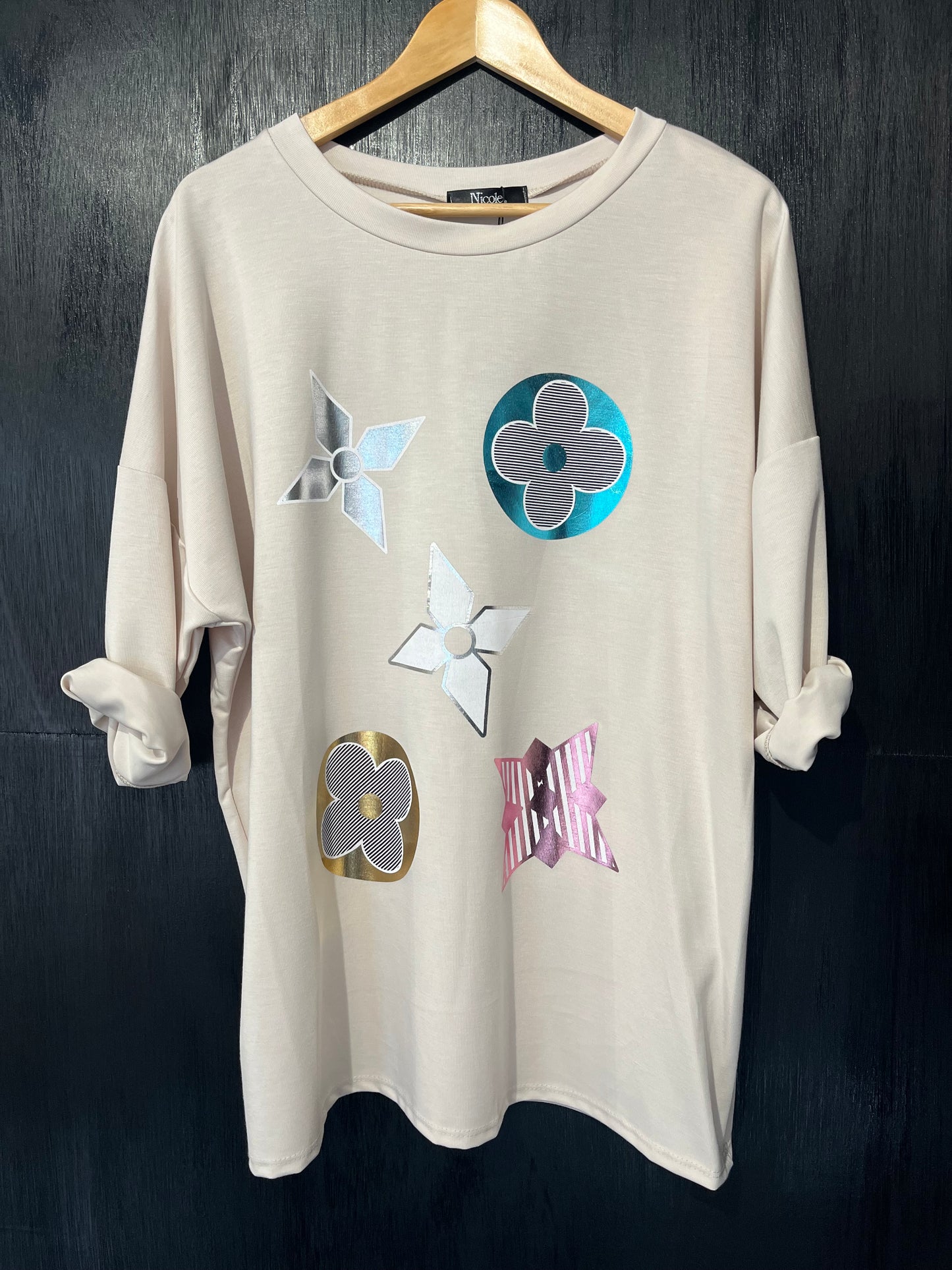 sweat top in scuba fabric top with a foil geometric placement print