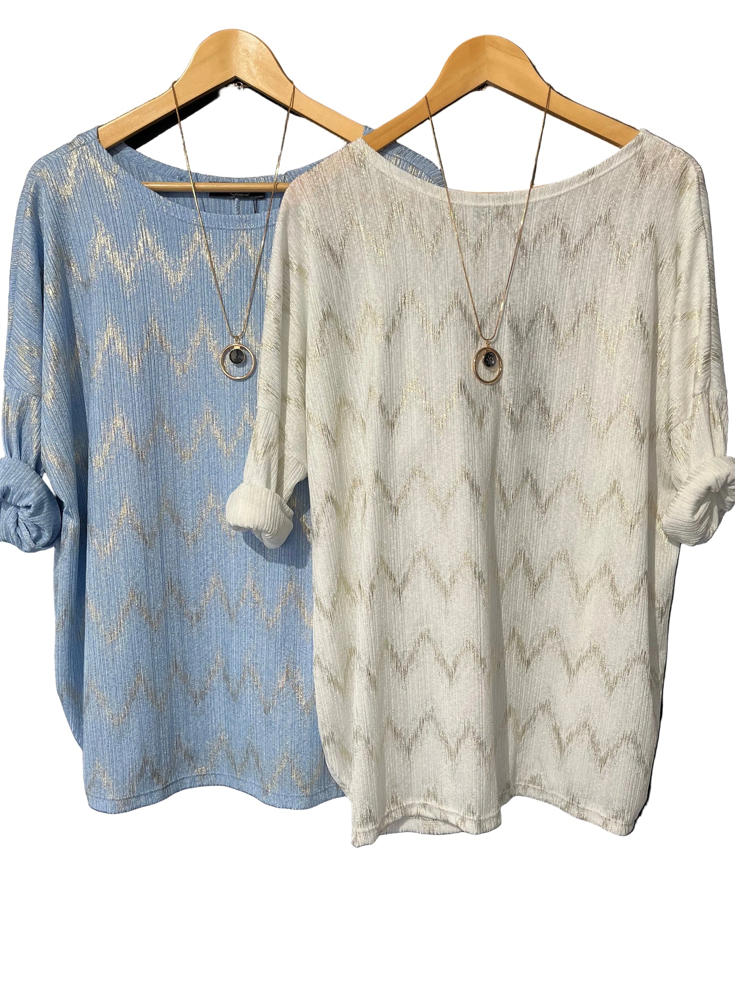 textured top with a zig zag foil design and necklace