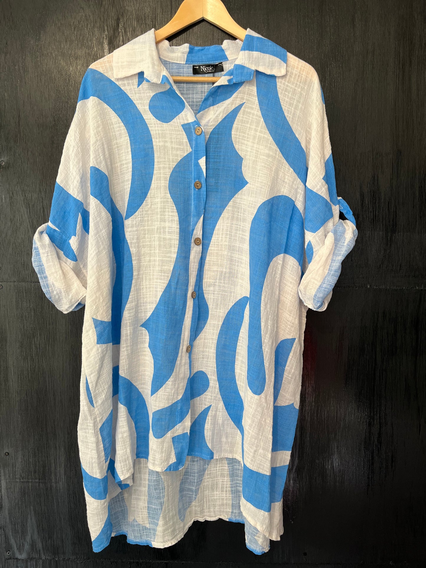 button roll slv long line puchi print shirt