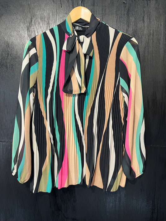 tie neck pleated front Puchi print top