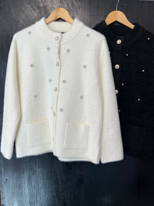 wool style crop jacket with peal buttons and stone and diamanté details