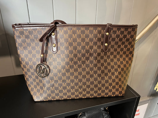 Faux leather tote bag with a repeating M