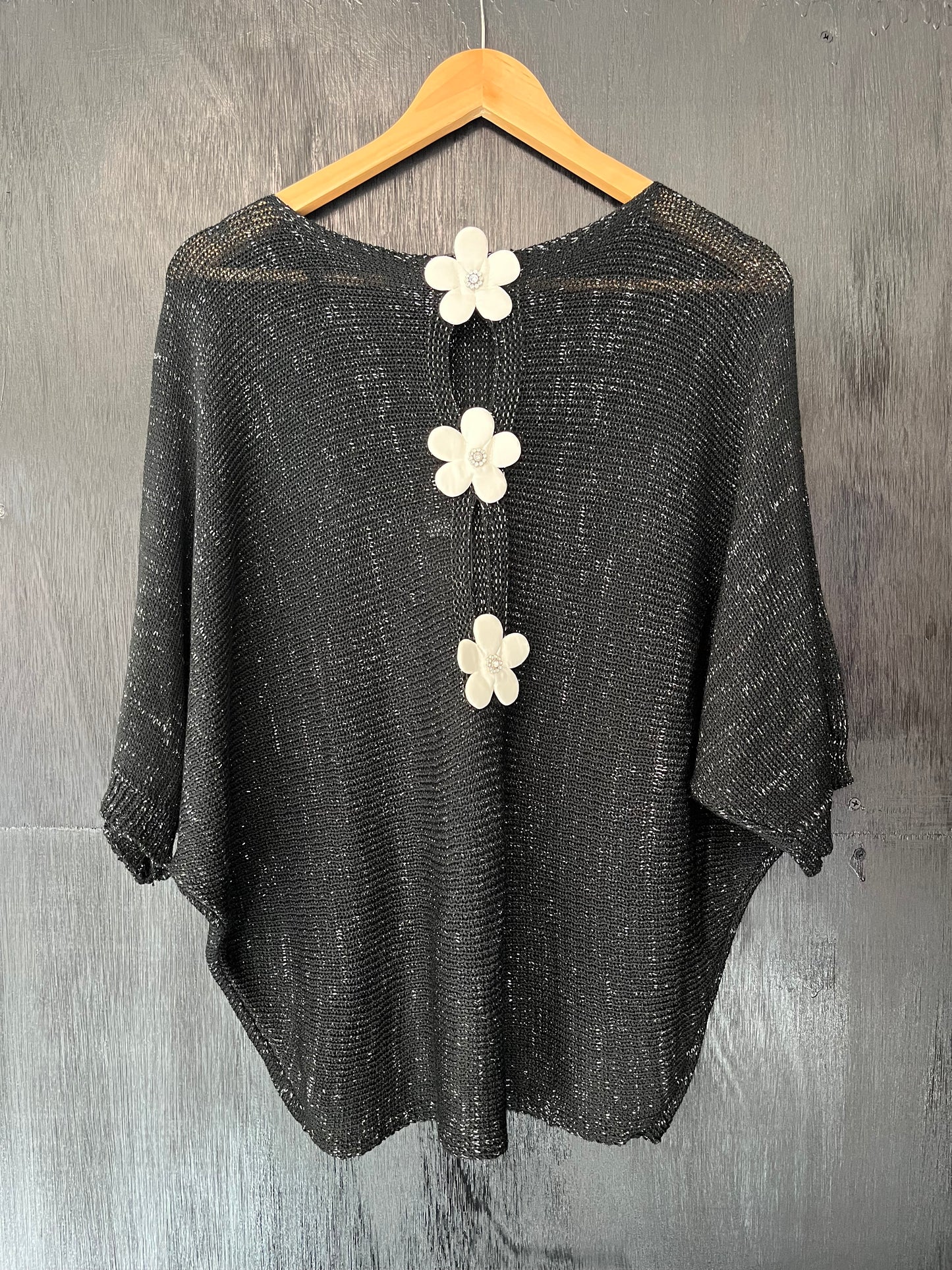 lurex knit bat wing jumper with floral trim and keyhole detail