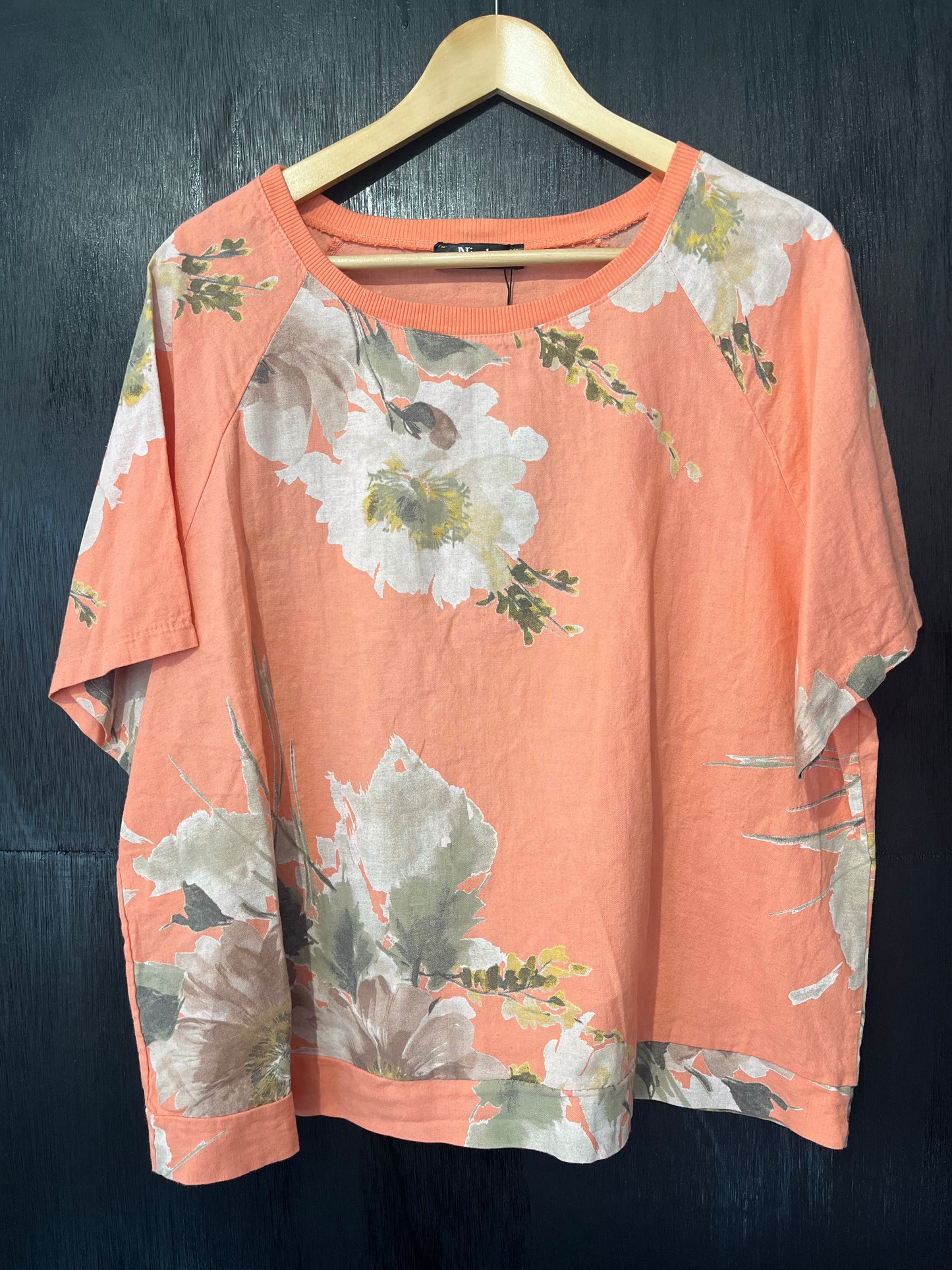 ladies box tee with all over floral print and ribbed neckline