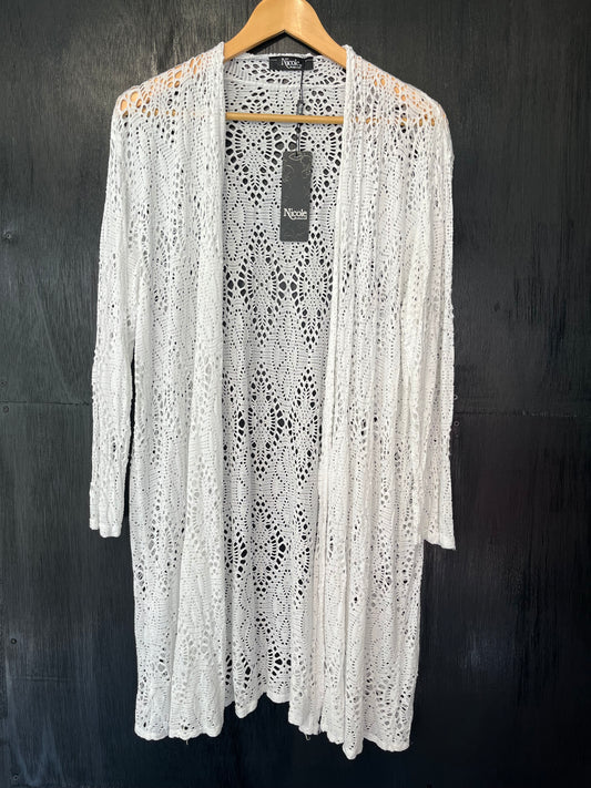 cotton crochet long line long slv coverup cardi