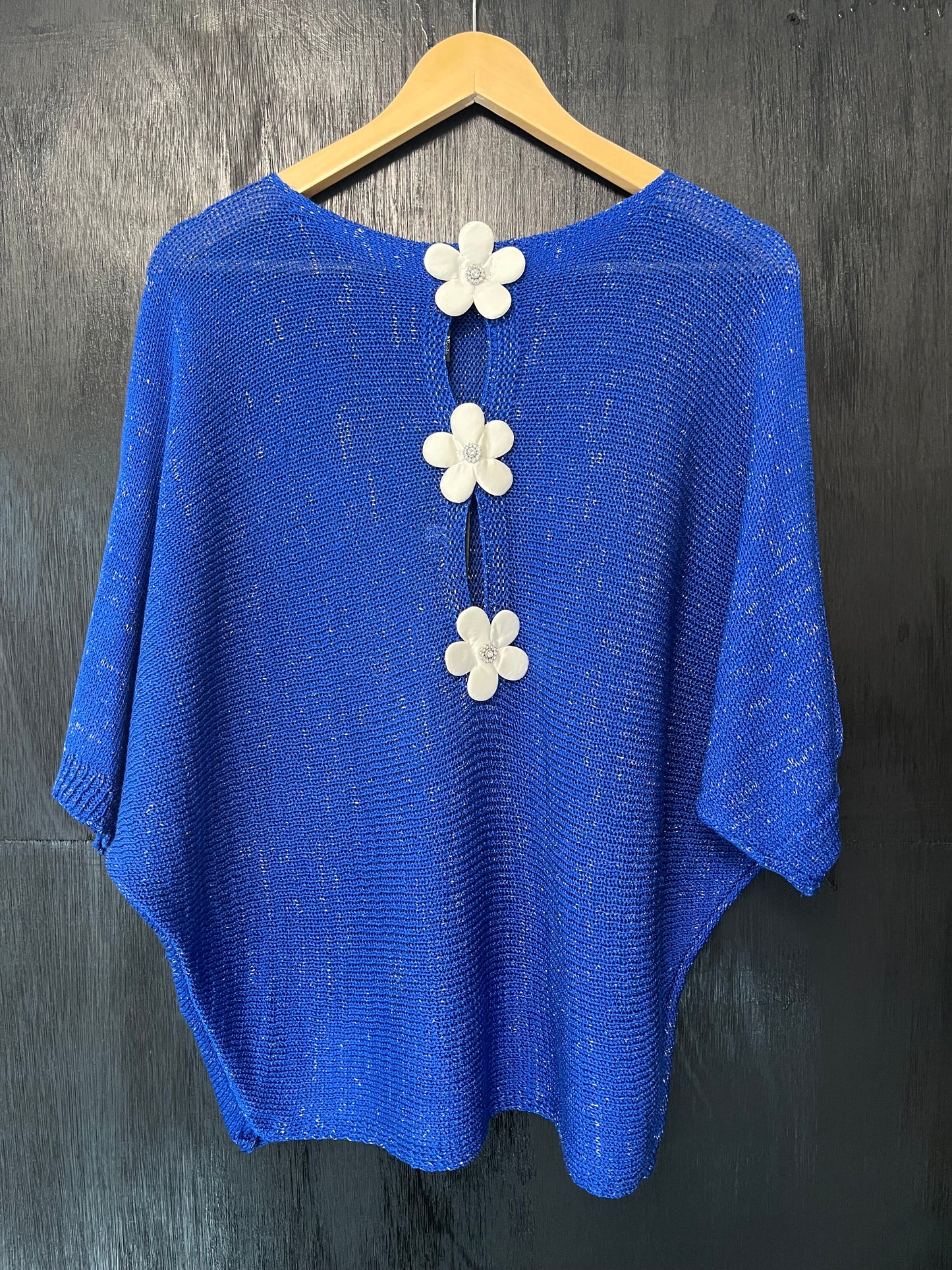 lurex knit bat wing jumper with floral trim and keyhole detail