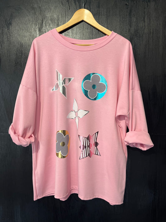 sweat top in scuba fabric top with a foil geometric placement print