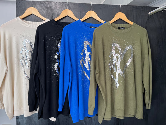 light knit jumper with sequin and foil heart print front
