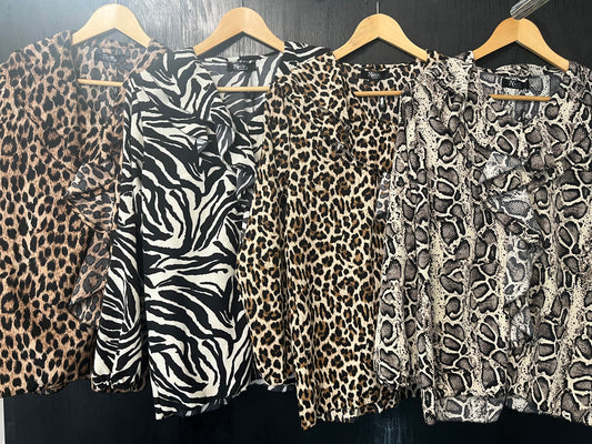 Animal print ruffle neck long slv blouse