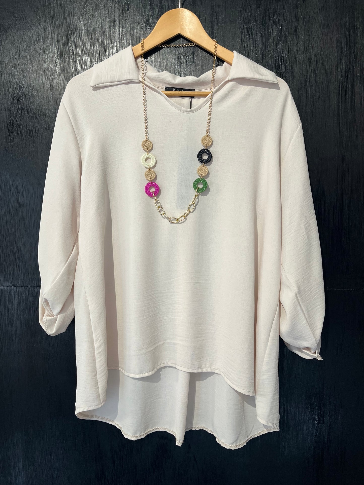 button roll slv shirt style top with necklace