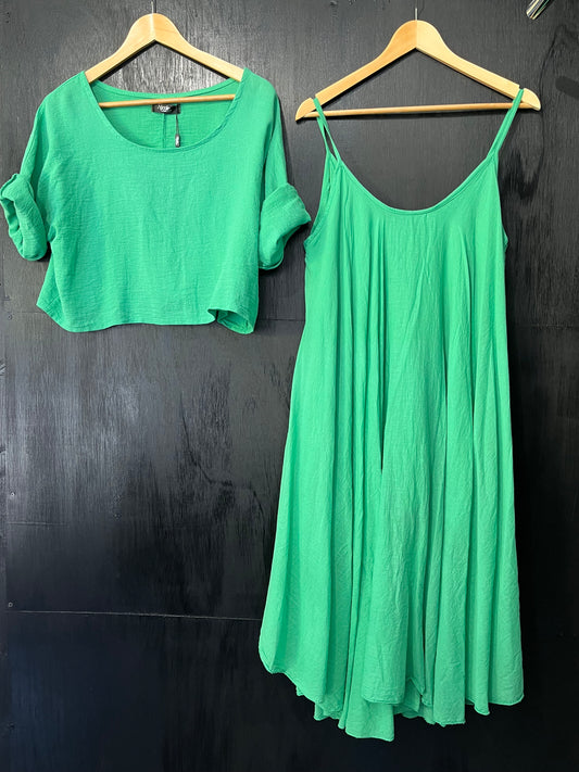 ladies two piece  cotton strap dress and top set