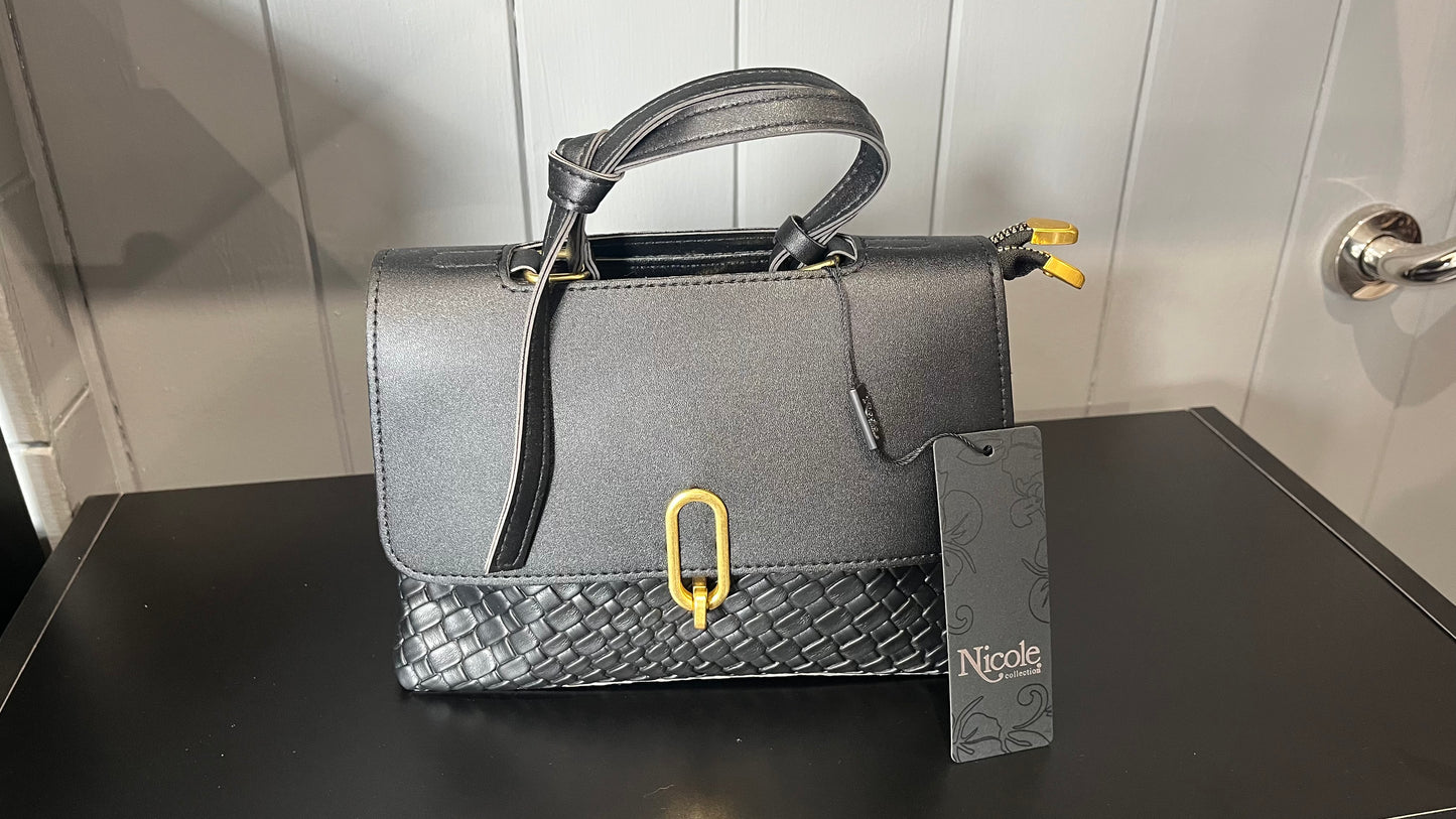 Black handbag with textured lower section & a gold-coloured buckle detail