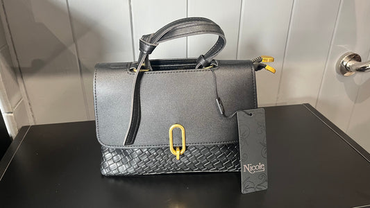 Black handbag with textured lower section & a gold-coloured buckle detail