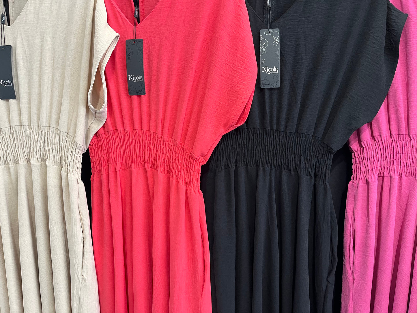 shirred waist maxi V neck dress