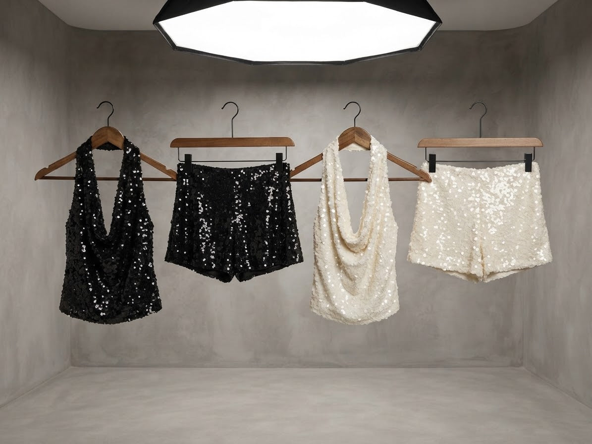 Sequin cowl neck halter top and hot pants Co-Ord set