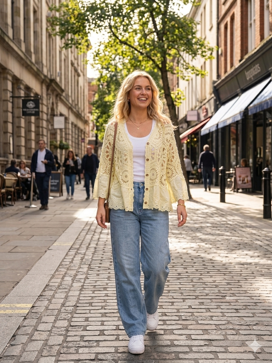 button front crochet cardi with embroidery angles hem