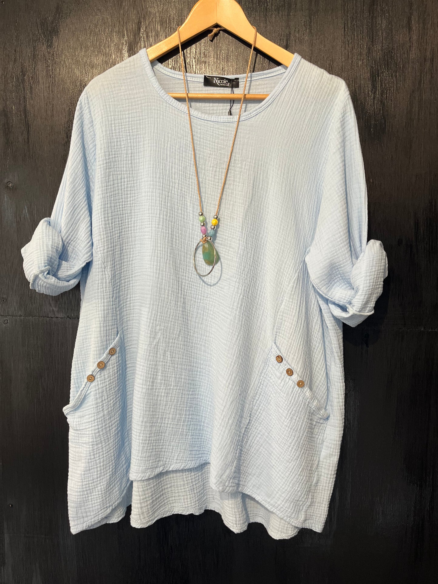 button detail pocket tunic with necklace