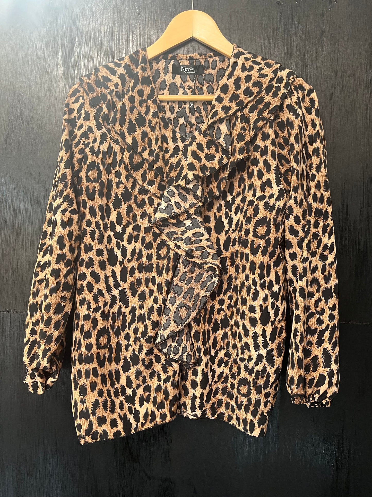 Animal print ruffle neck long slv blouse