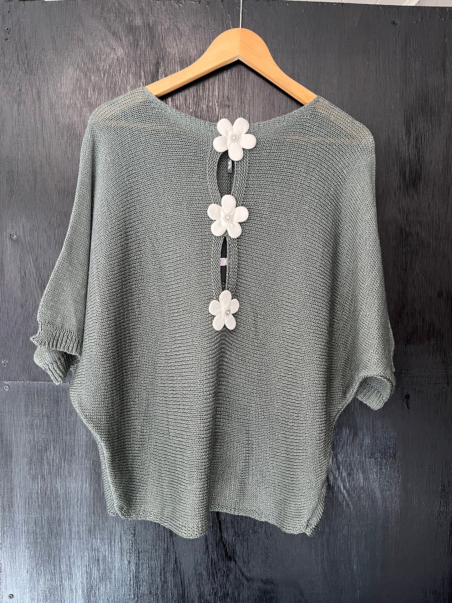 lurex knit bat wing jumper with floral trim and keyhole detail