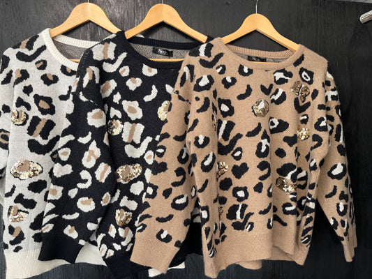 knitted jumper with animal design and sequined embellishment