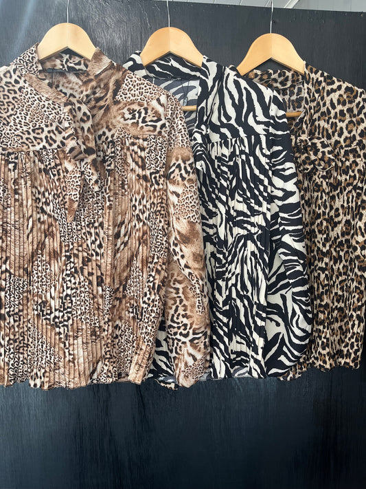 ladies pleat front tie neck animal print top