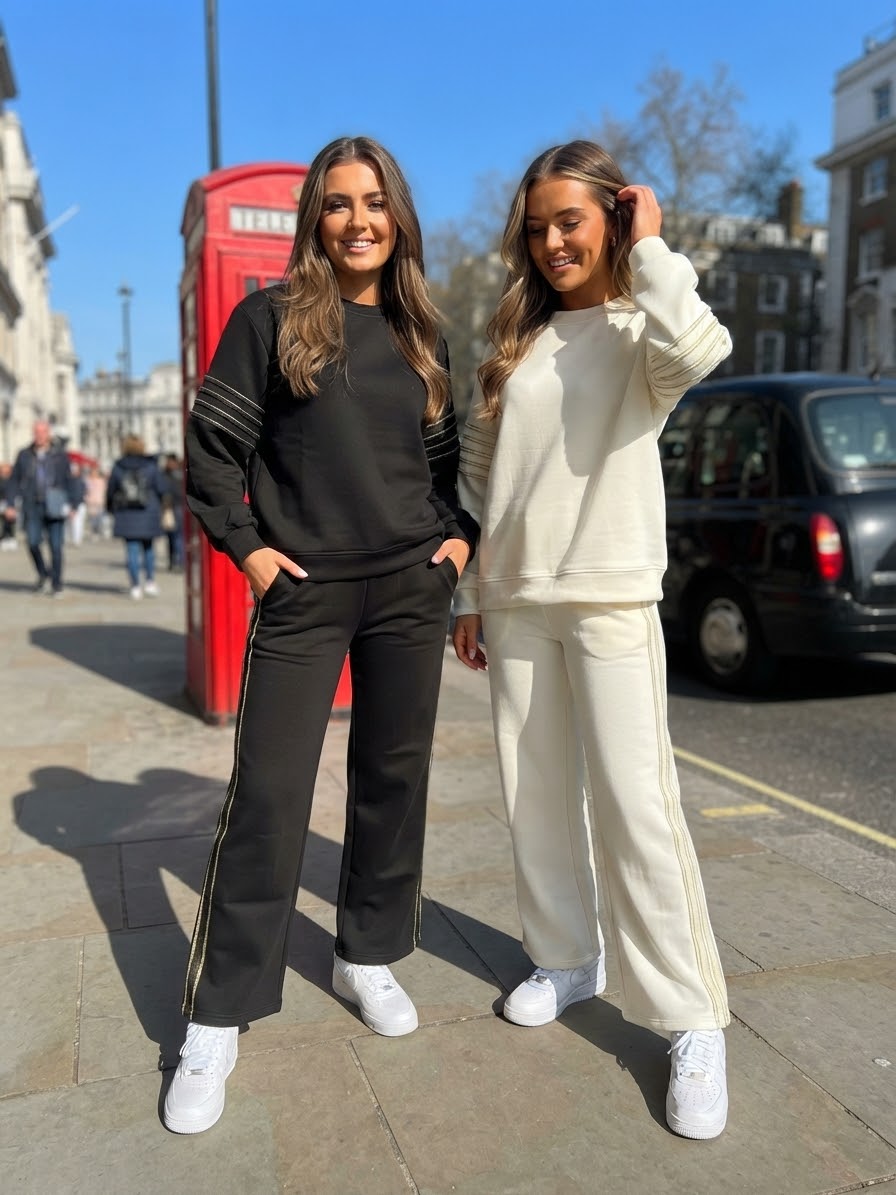 ladies sweat top and joggers with lurex trim detail