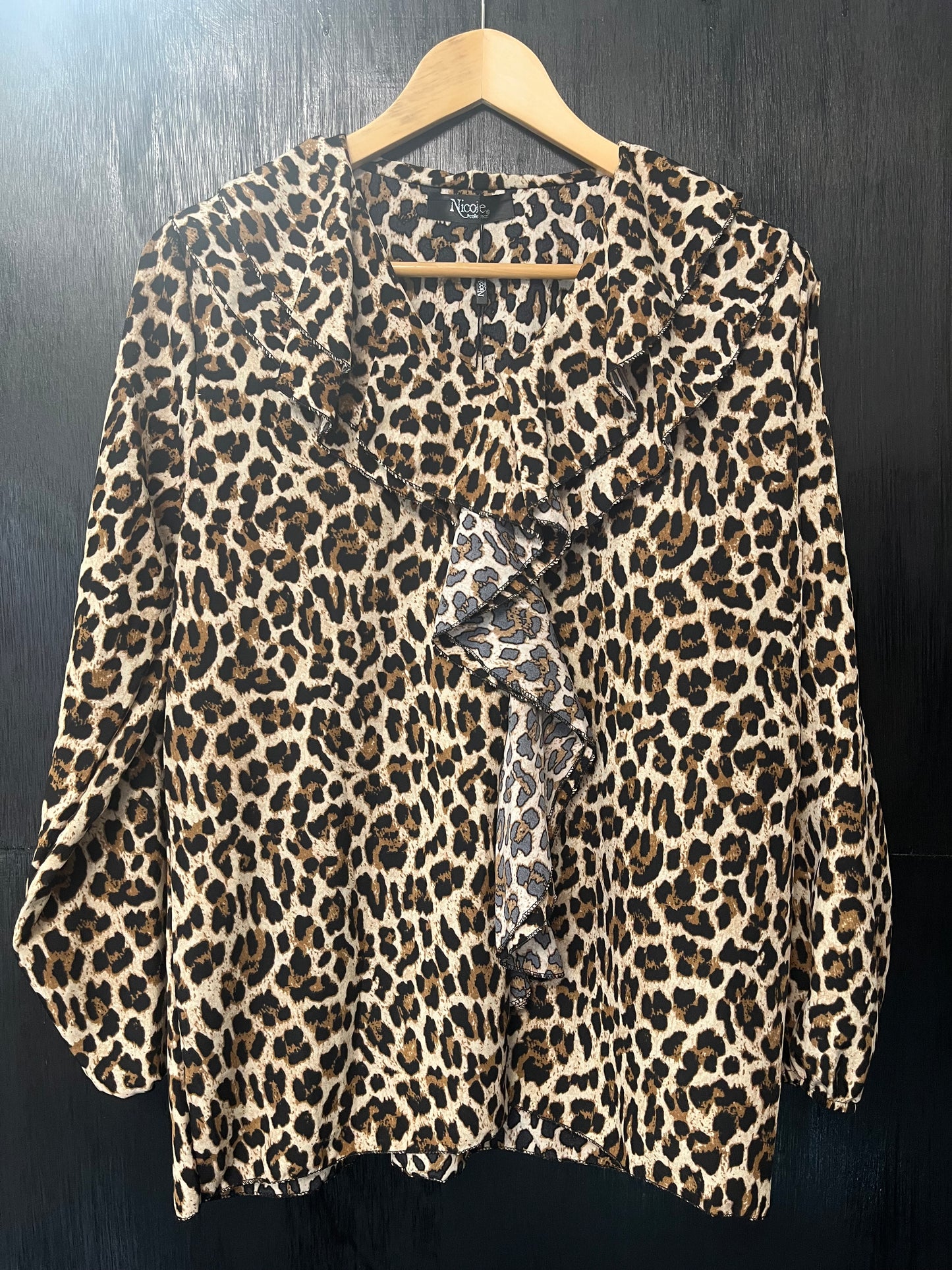Animal print ruffle neck long slv blouse