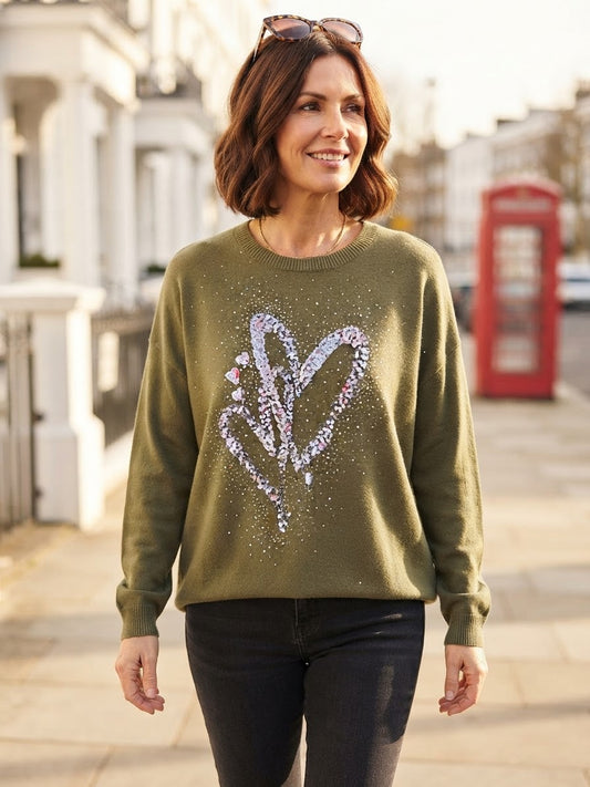 ladies casual jumper with a sequin and glitter print heart design