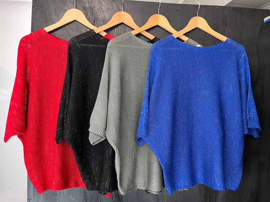 lurex knit bat wing jumper with floral trim and keyhole detail