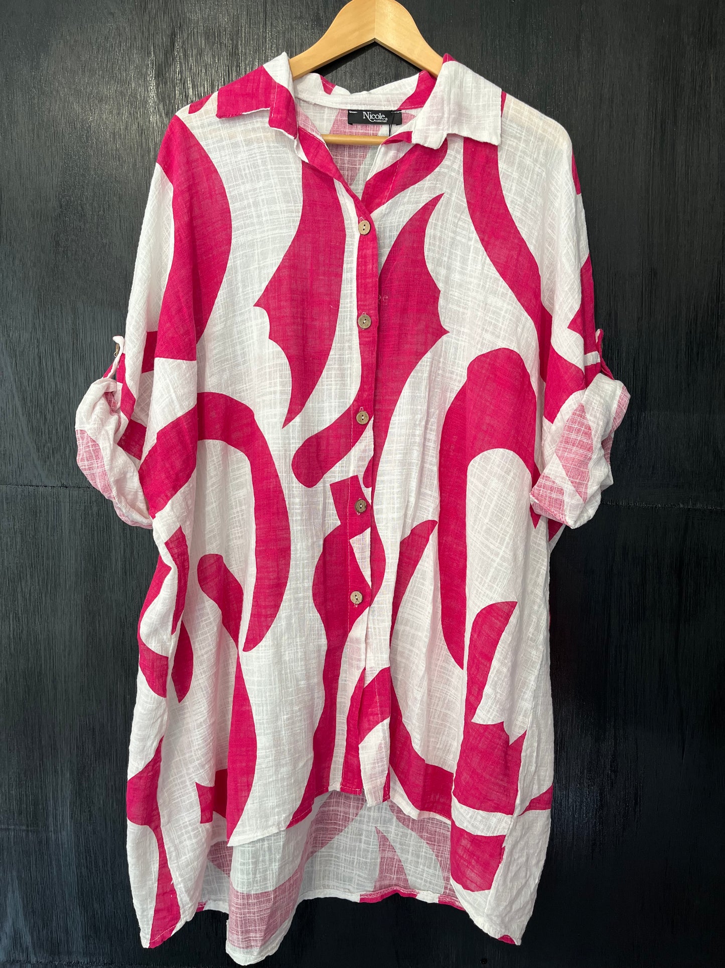 button roll slv long line puchi print shirt