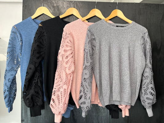 chunky knit jumper with beautiful crochet sleeves with knitted cuffs