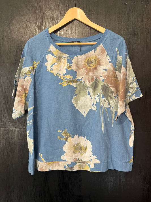 ladies box tee with all over floral print and ribbed neckline