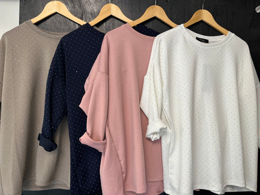 long sleeve sweat top with all over studded embellishment