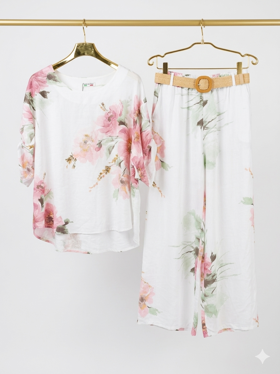 PRINTED TEXTURED VISCOSE VEST TOP AND ELASTICATED TROUSERS