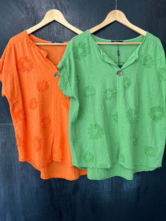 cotton button detail embroidery angles top