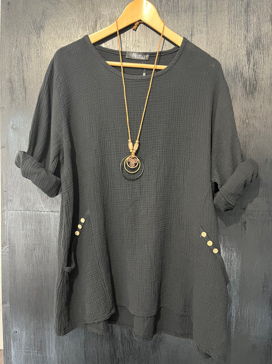 button detail pocket tunic with necklace