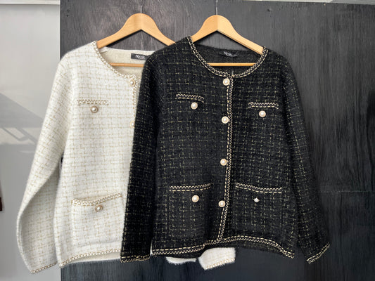 lurex embellished jacket with pearl buttons and pockets