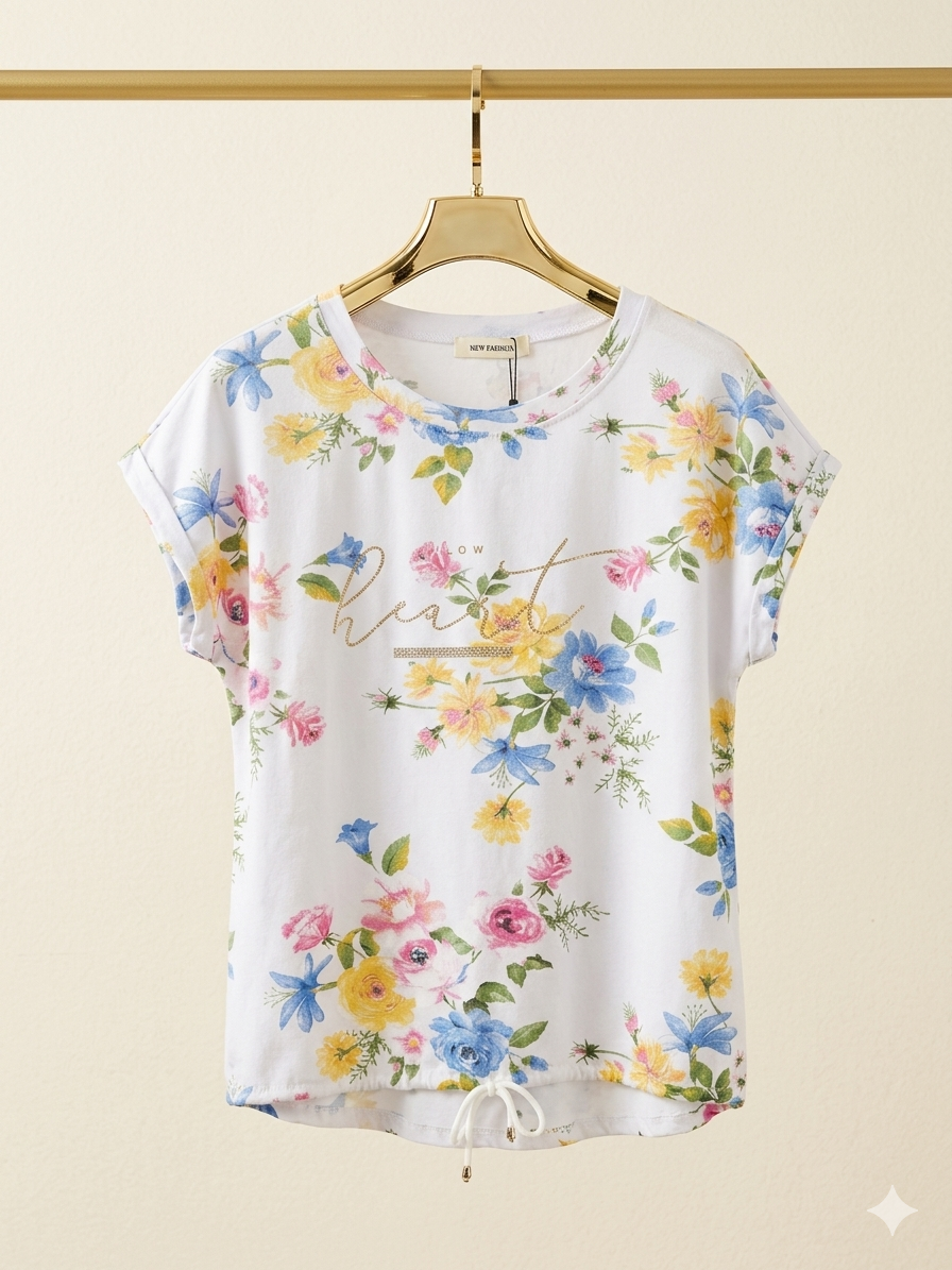White and blue floral print t shirt with short sleeves and drawstring hem