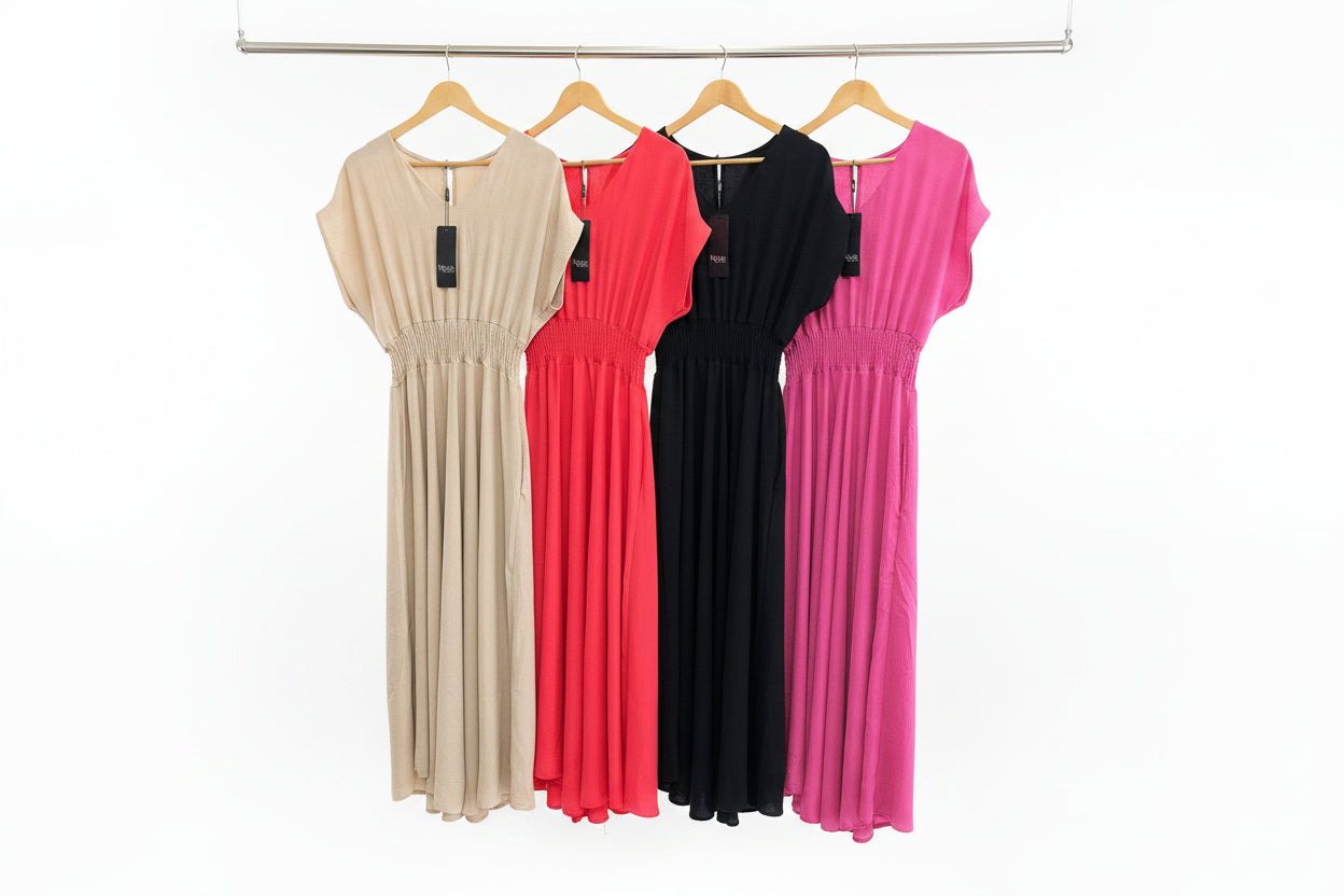 shirred waist maxi V neck dress