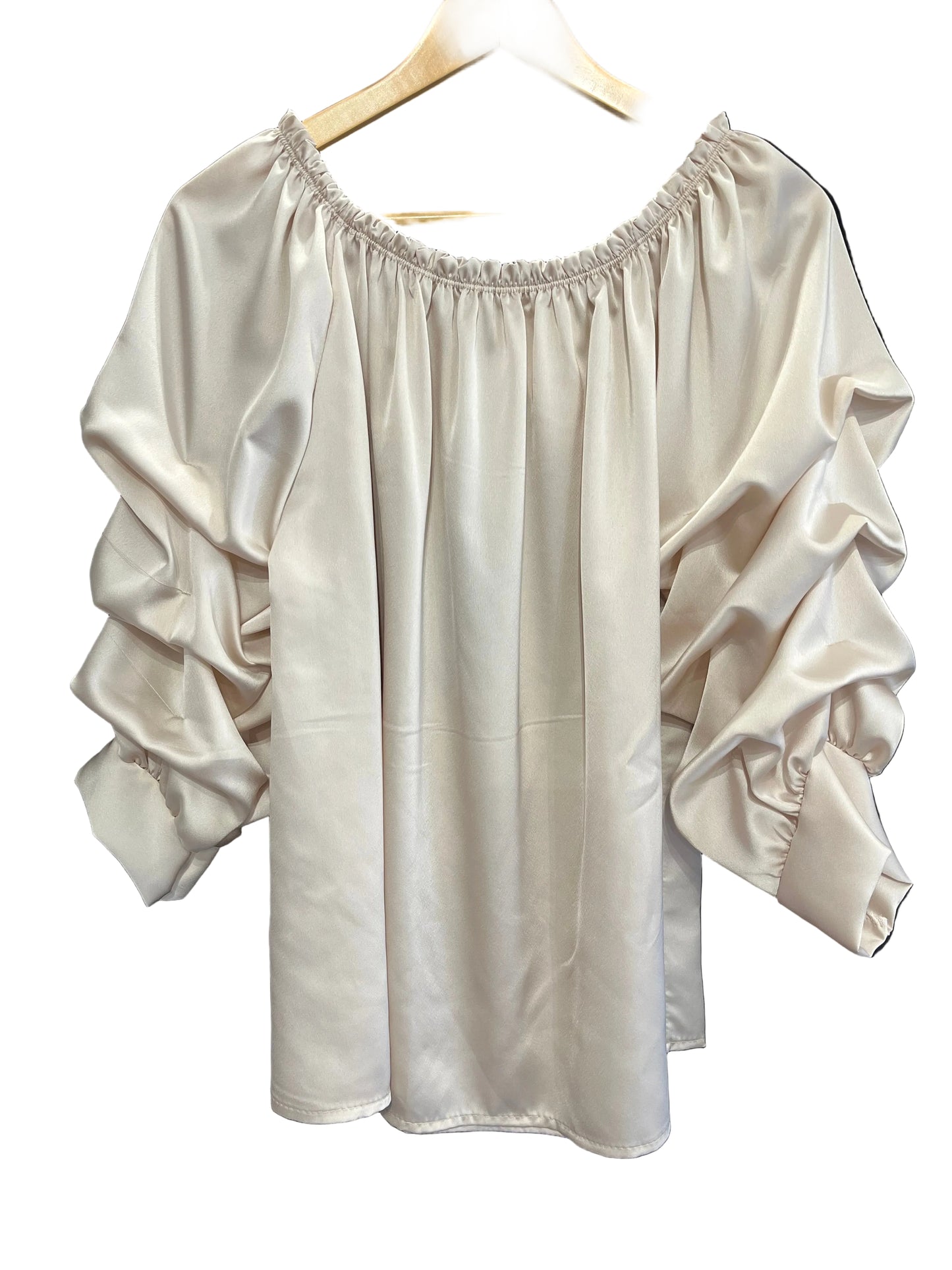 satin gypsy style top with ruched sleeves