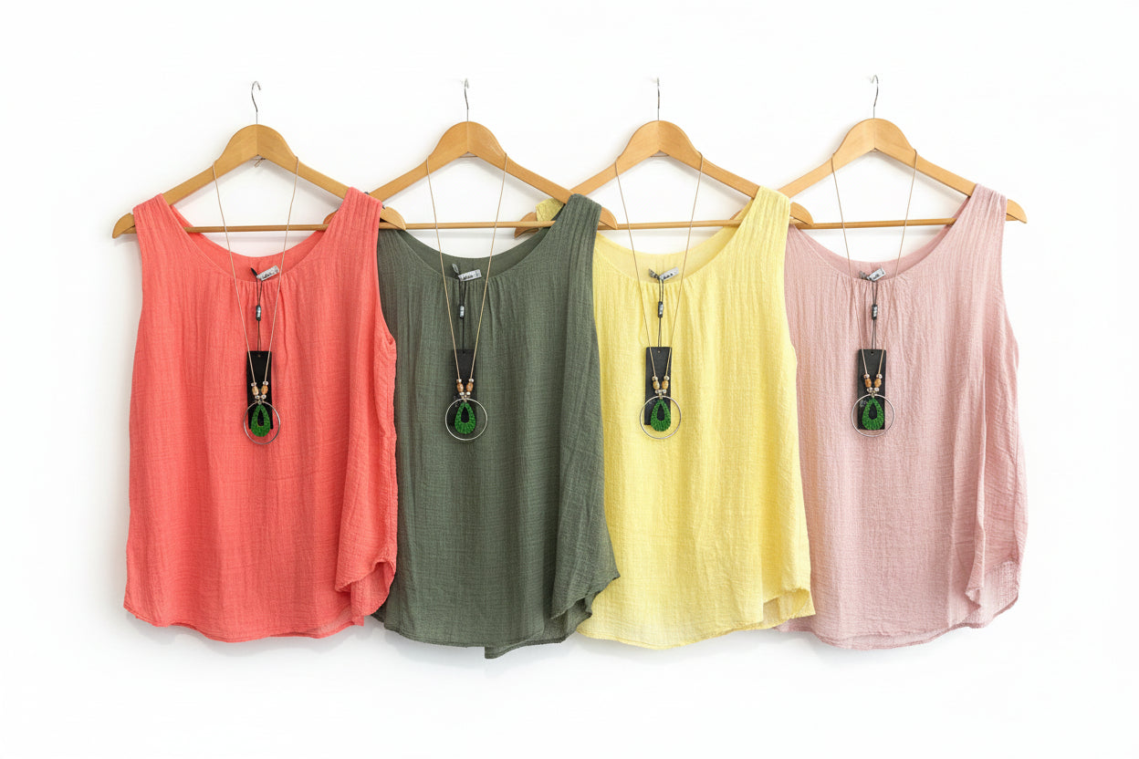 lined textured cotton vest with necklace