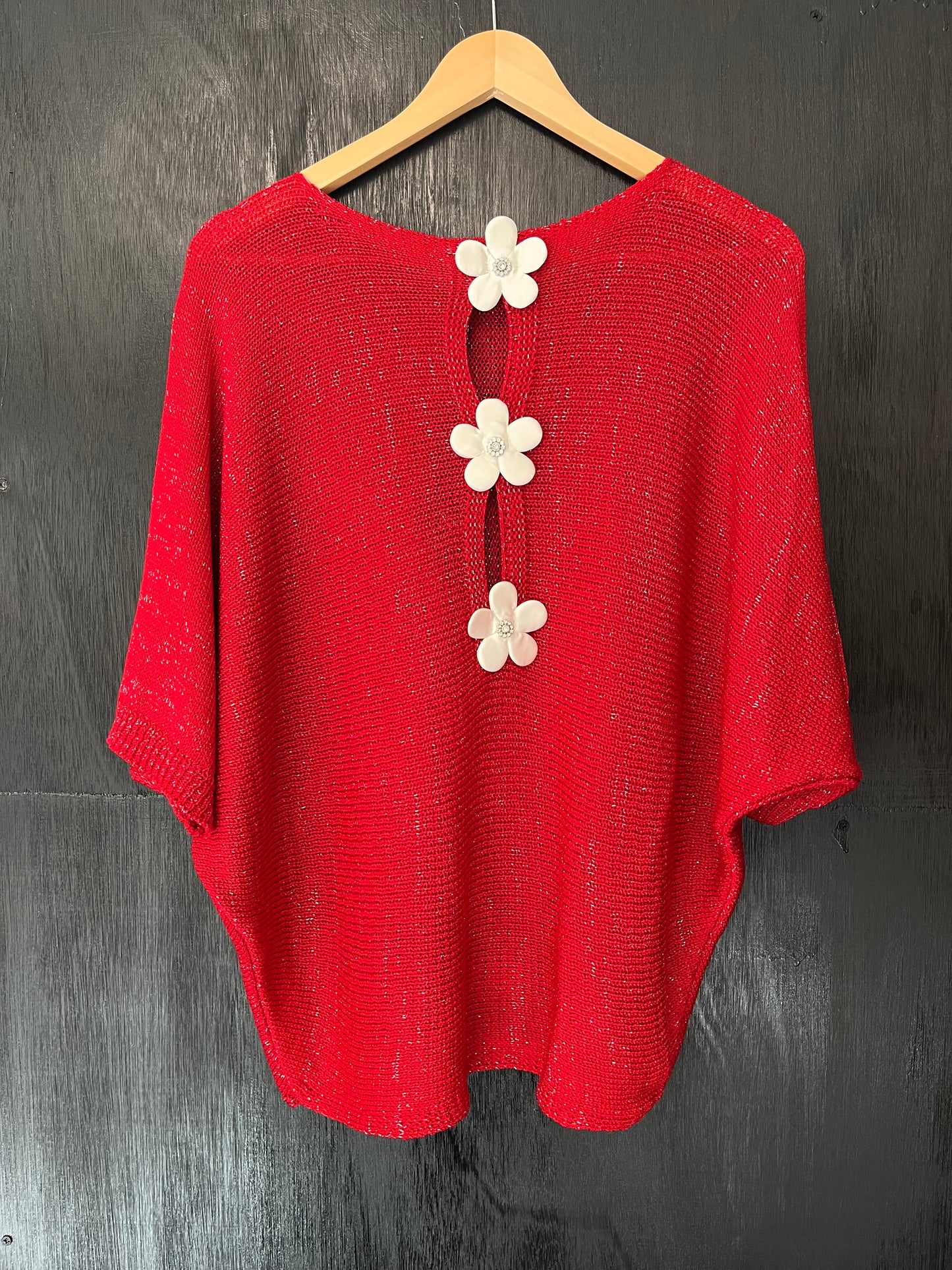 lurex knit bat wing jumper with floral trim and keyhole detail