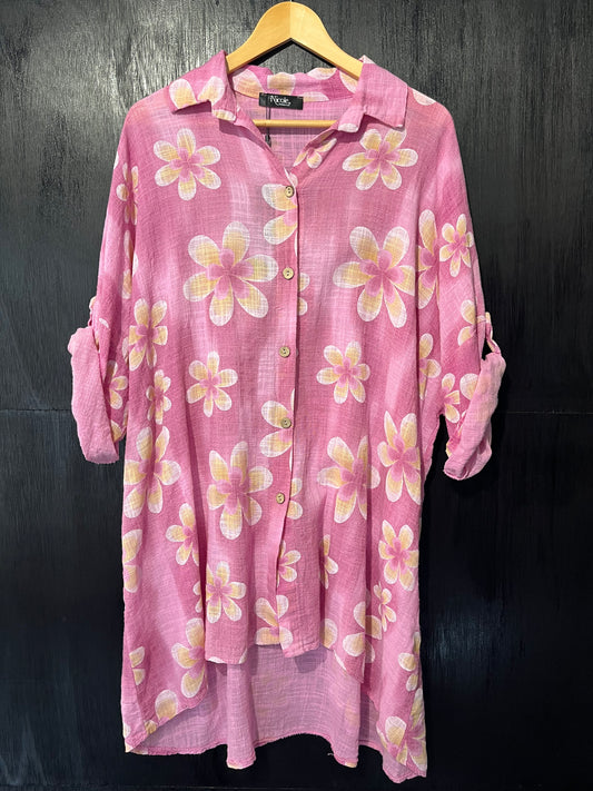 long line all over floral print button shirt with button roll slv