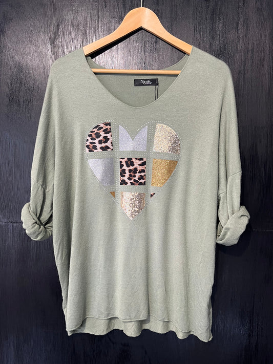 soft knit V neck jumper with embellished foil heart placement print